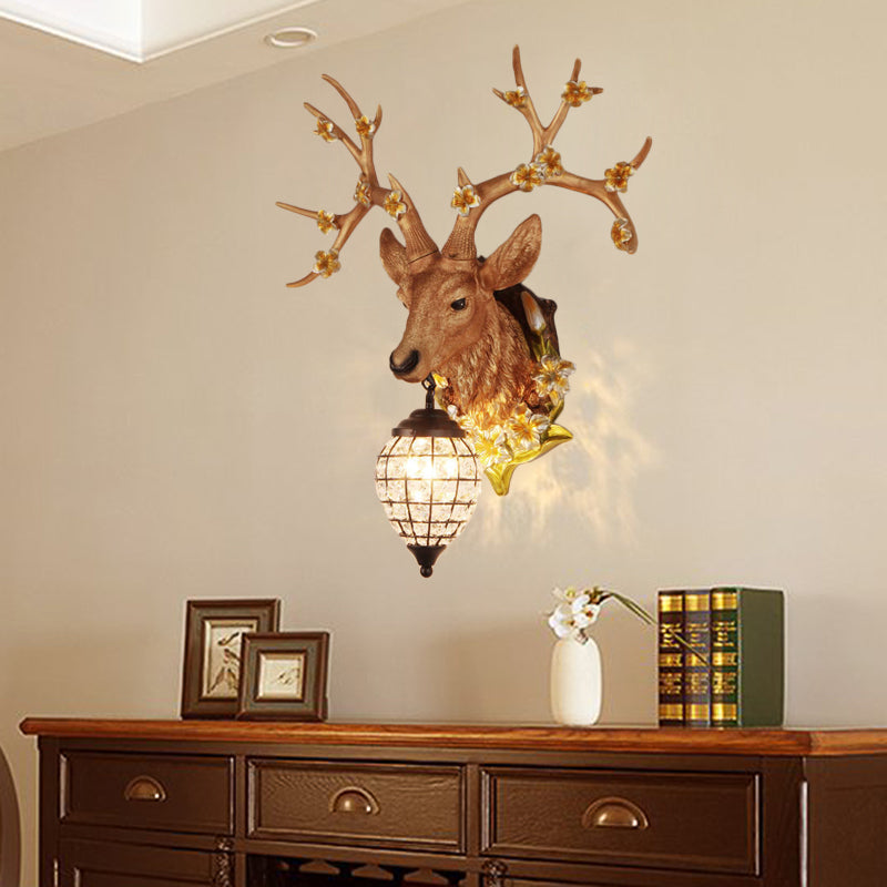 1 Light Resin Wall Lighting Country White/Yellow/Brown Deer Living Room Sconce Light Fixture with Teardrop Crystal Shade Clearhalo 'Wall Lamps & Sconces' 'Wall Lights' Lighting' 232237