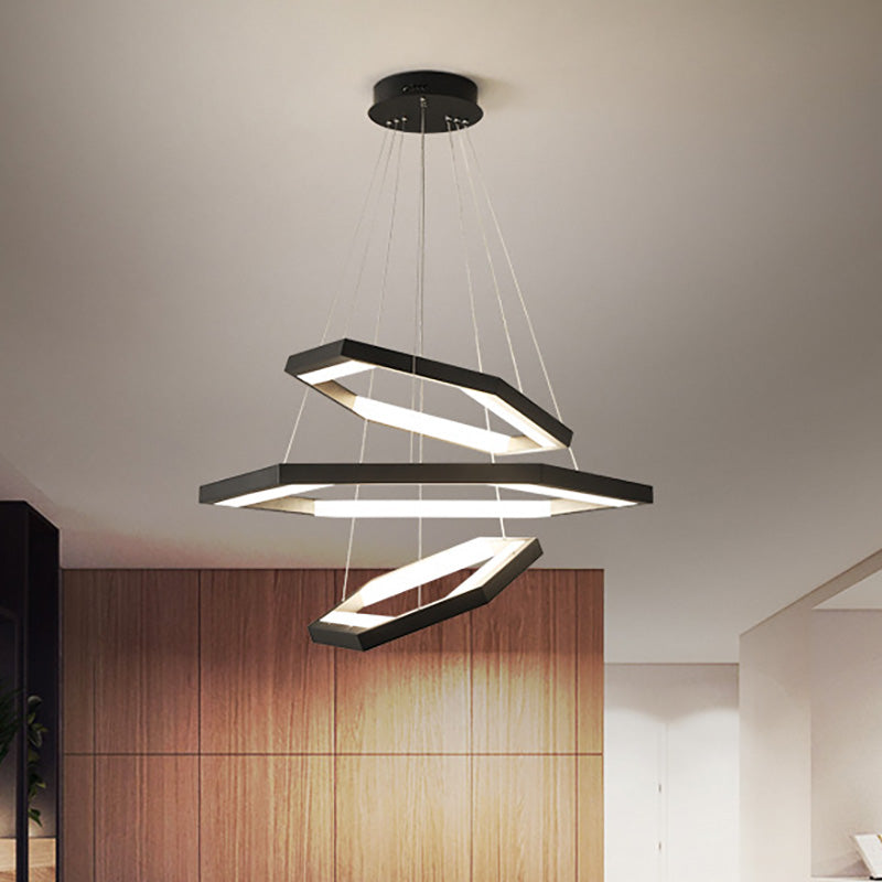 Hexagon Acrylic Chandelier Modernist 1/2/3 Lights Black Led Hanging Ceiling Light in White/Warm Light 3 Black Clearhalo 'Ceiling Lights' 'Chandeliers' 'Modern Chandeliers' 'Modern' Lighting' 232241