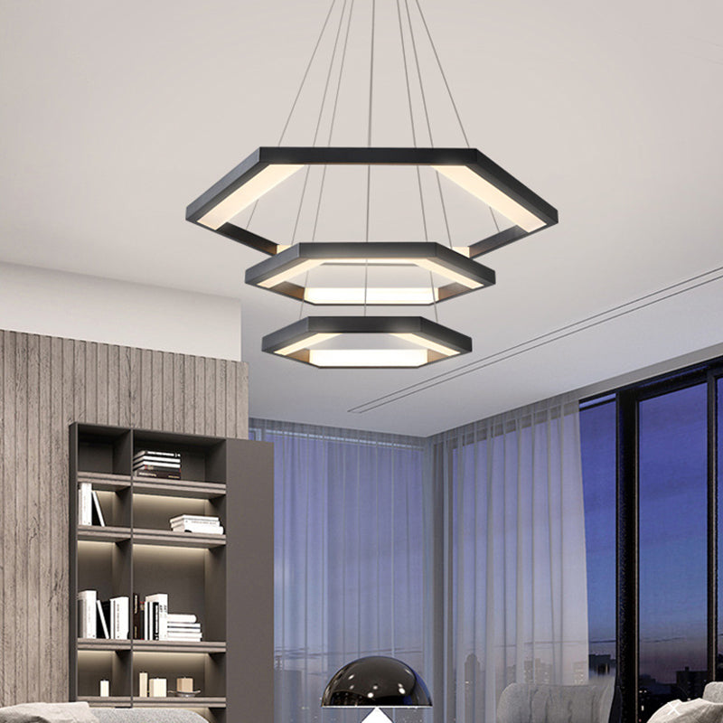 Hexagon Acrylic Chandelier Modernist 1/2/3 Lights Black Led Hanging Ceiling Light in White/Warm Light Clearhalo 'Ceiling Lights' 'Chandeliers' 'Modern Chandeliers' 'Modern' Lighting' 232242