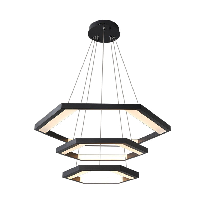 Hexagon Acrylic Chandelier Modernist 1/2/3 Lights Black Led Hanging Ceiling Light in White/Warm Light Clearhalo 'Ceiling Lights' 'Chandeliers' 'Modern Chandeliers' 'Modern' Lighting' 232243