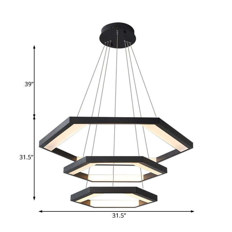 Hexagon Acrylic Chandelier Modernist 1/2/3 Lights Black Led Hanging Ceiling Light in White/Warm Light Clearhalo 'Ceiling Lights' 'Chandeliers' 'Modern Chandeliers' 'Modern' Lighting' 232244