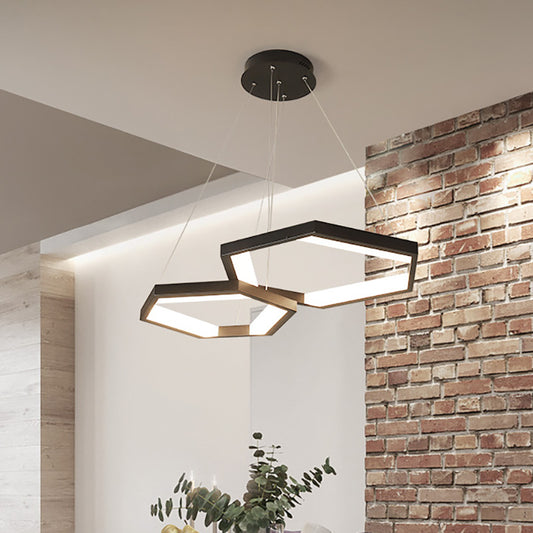 Hexagon Acrylic Chandelier Modernist 1/2/3 Lights Black Led Hanging Ceiling Light in White/Warm Light 2 Black Clearhalo 'Ceiling Lights' 'Chandeliers' 'Modern Chandeliers' 'Modern' Lighting' 232245