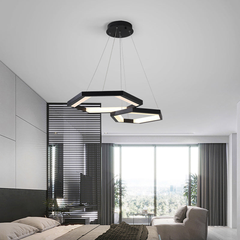 Hexagon Acrylic Chandelier Modernist 1/2/3 Lights Black Led Hanging Ceiling Light in White/Warm Light Clearhalo 'Ceiling Lights' 'Chandeliers' 'Modern Chandeliers' 'Modern' Lighting' 232246