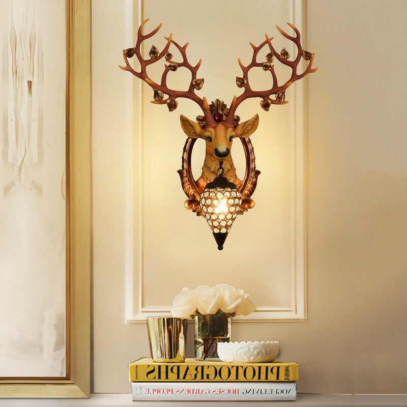 Deer Bedroom Wall Lamp Vintage Resin 19.5"/23" W 1 Light White/Yellow Sconce Light Fixture with Teardrop Crystal Shade Yellow Clearhalo 'Wall Lamps & Sconces' 'Wall Lights' Lighting' 232275