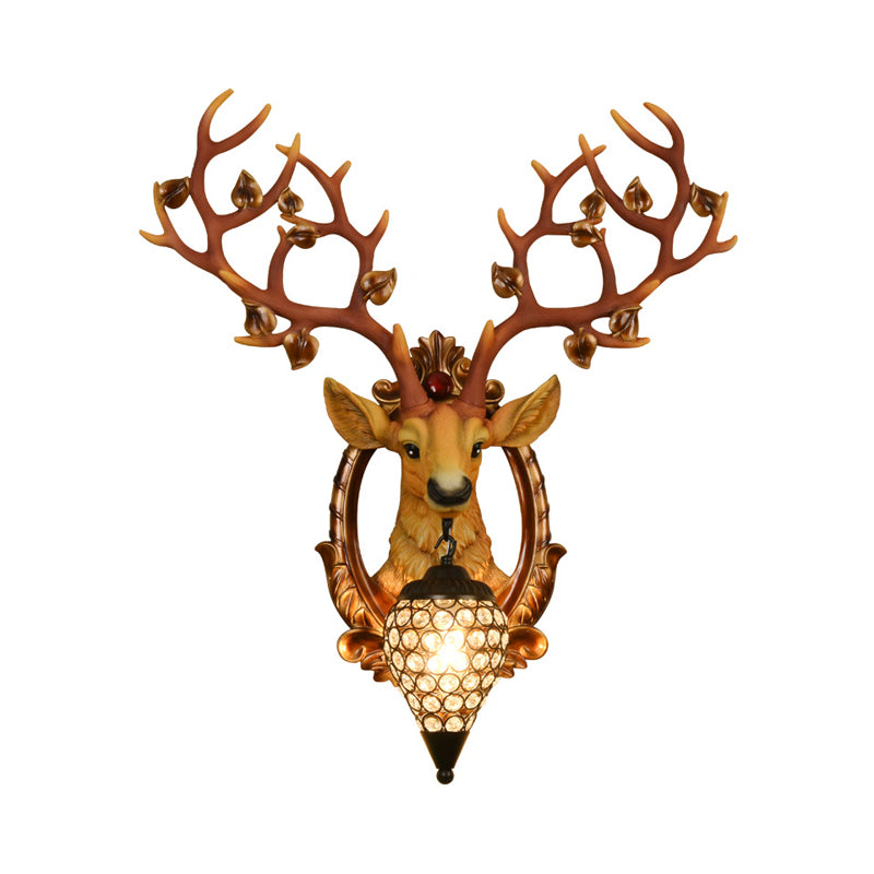 Deer Bedroom Wall Lamp Vintage Resin 19.5"/23" W 1 Light White/Yellow Sconce Light Fixture with Teardrop Crystal Shade Clearhalo 'Wall Lamps & Sconces' 'Wall Lights' Lighting' 232277