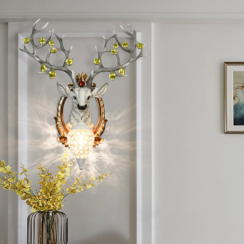 Deer Bedroom Wall Lamp Vintage Resin 19.5"/23" W 1 Light White/Yellow Sconce Light Fixture with Teardrop Crystal Shade White Clearhalo 'Wall Lamps & Sconces' 'Wall Lights' Lighting' 232279