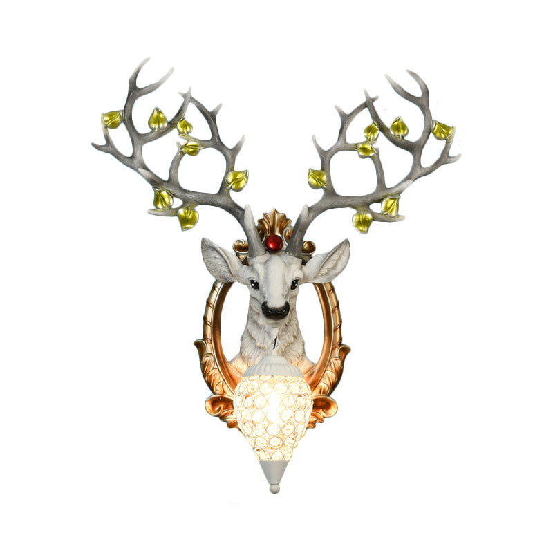 Deer Bedroom Wall Lamp Vintage Resin 19.5"/23" W 1 Light White/Yellow Sconce Light Fixture with Teardrop Crystal Shade Clearhalo 'Wall Lamps & Sconces' 'Wall Lights' Lighting' 232281