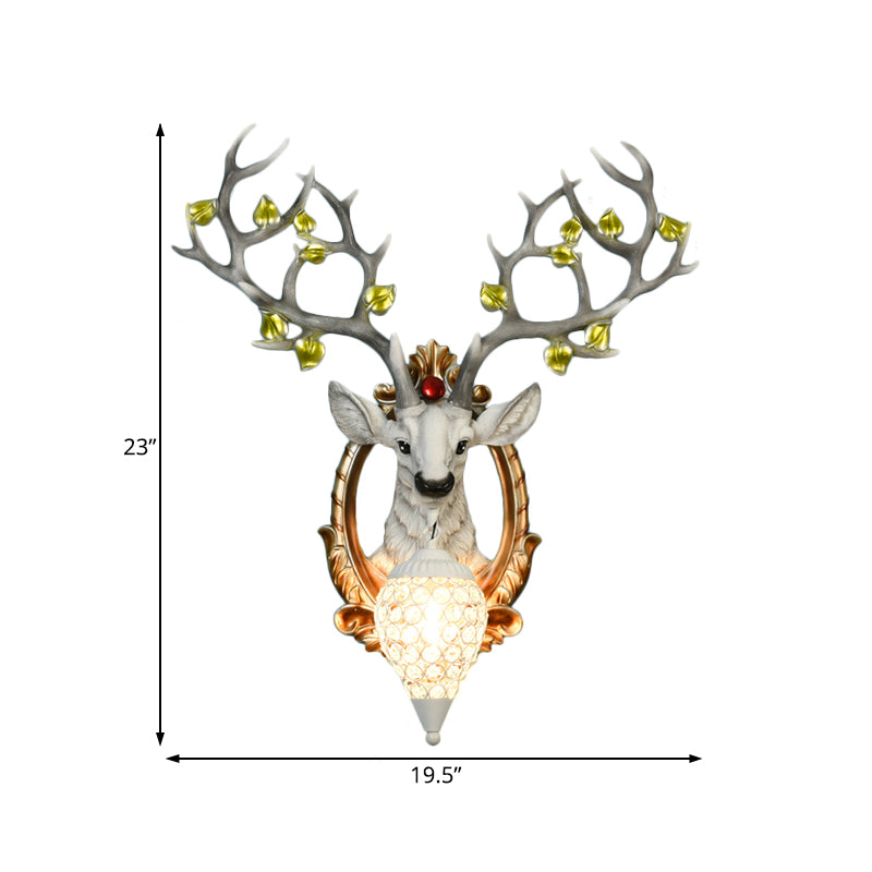 Deer Bedroom Wall Lamp Vintage Resin 19.5"/23" W 1 Light White/Yellow Sconce Light Fixture with Teardrop Crystal Shade Clearhalo 'Wall Lamps & Sconces' 'Wall Lights' Lighting' 232282