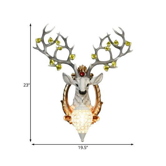 Deer Bedroom Wall Lamp Vintage Resin 19.5"/23" W 1 Light White/Yellow Sconce Light Fixture with Teardrop Crystal Shade Clearhalo 'Wall Lamps & Sconces' 'Wall Lights' Lighting' 232282