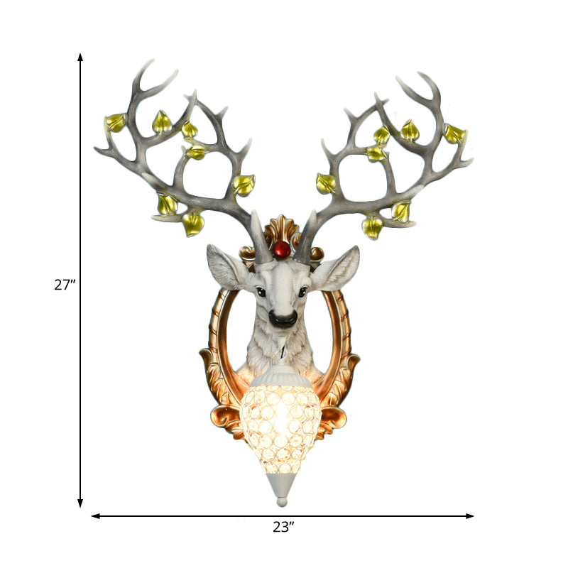 Deer Bedroom Wall Lamp Vintage Resin 19.5"/23" W 1 Light White/Yellow Sconce Light Fixture with Teardrop Crystal Shade Clearhalo 'Wall Lamps & Sconces' 'Wall Lights' Lighting' 232283