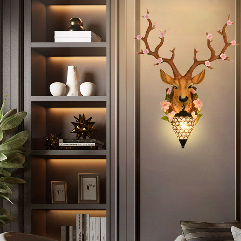 White/Yellow 1 Light 16.5"/23" W Sconce Light Traditional Resin Deer Wall Lighting Fixture with Teardrop Crystal Shade Clearhalo 'Wall Lamps & Sconces' 'Wall Lights' Lighting' 232285