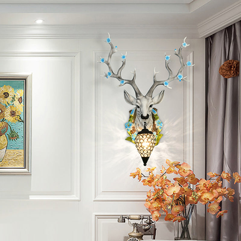 White/Yellow 1 Light 16.5"/23" W Sconce Light Traditional Resin Deer Wall Lighting Fixture with Teardrop Crystal Shade Clearhalo 'Wall Lamps & Sconces' 'Wall Lights' Lighting' 232289