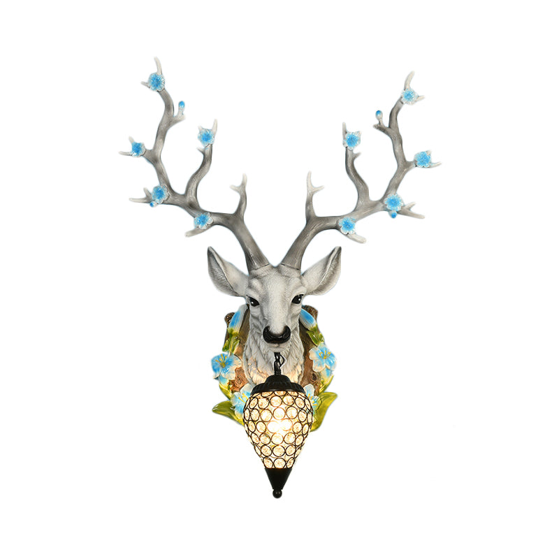 White/Yellow 1 Light 16.5"/23" W Sconce Light Traditional Resin Deer Wall Lighting Fixture with Teardrop Crystal Shade Clearhalo 'Wall Lamps & Sconces' 'Wall Lights' Lighting' 232290