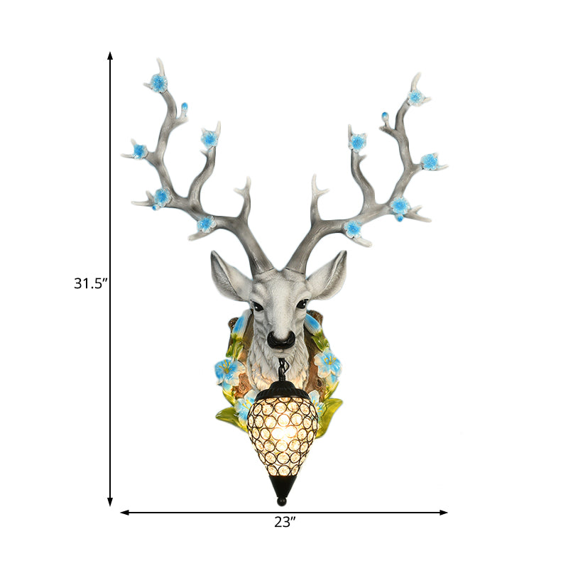 White/Yellow 1 Light 16.5"/23" W Sconce Light Traditional Resin Deer Wall Lighting Fixture with Teardrop Crystal Shade Clearhalo 'Wall Lamps & Sconces' 'Wall Lights' Lighting' 232292