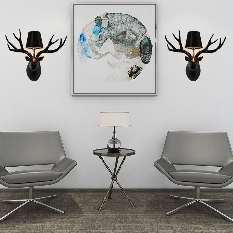 Resin Deer Sconce Light Country 1 Light Living Room Wall Mounted Lamp in Black/Matte Black/White with Fabric Shade Black Clearhalo 'Wall Lamps & Sconces' 'Wall Lights' Lighting' 232294