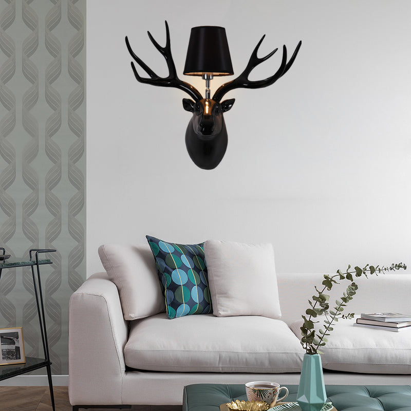 Resin Deer Sconce Light Country 1 Light Living Room Wall Mounted Lamp in Black/Matte Black/White with Fabric Shade Clearhalo 'Wall Lamps & Sconces' 'Wall Lights' Lighting' 232295