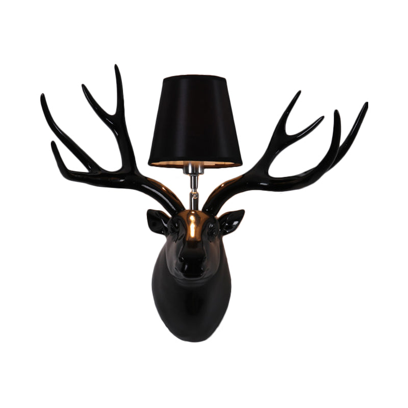 Resin Deer Sconce Light Country 1 Light Living Room Wall Mounted Lamp in Black/Matte Black/White with Fabric Shade Clearhalo 'Wall Lamps & Sconces' 'Wall Lights' Lighting' 232296