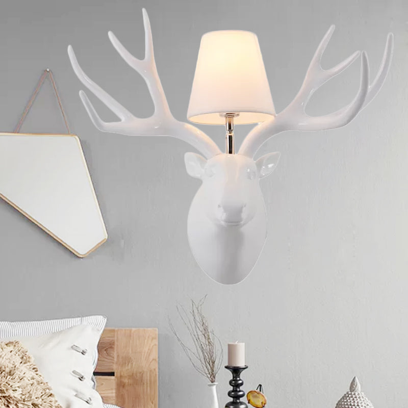 Resin Deer Sconce Light Country 1 Light Living Room Wall Mounted Lamp in Black/Matte Black/White with Fabric Shade White Clearhalo 'Wall Lamps & Sconces' 'Wall Lights' Lighting' 232298