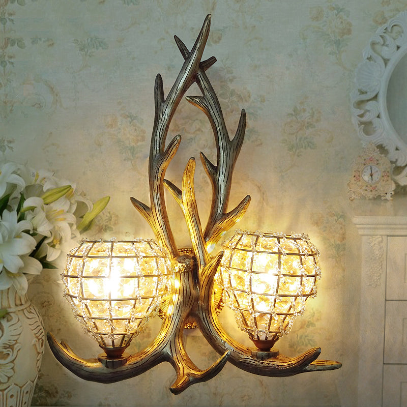 Resin Antler Wall Lighting Country 2-Light Bedroom Sconce Light Fixture in Brown/Gold with Globe Crystal Shade Gold Clearhalo 'Wall Lamps & Sconces' 'Wall Lights' Lighting' 232313