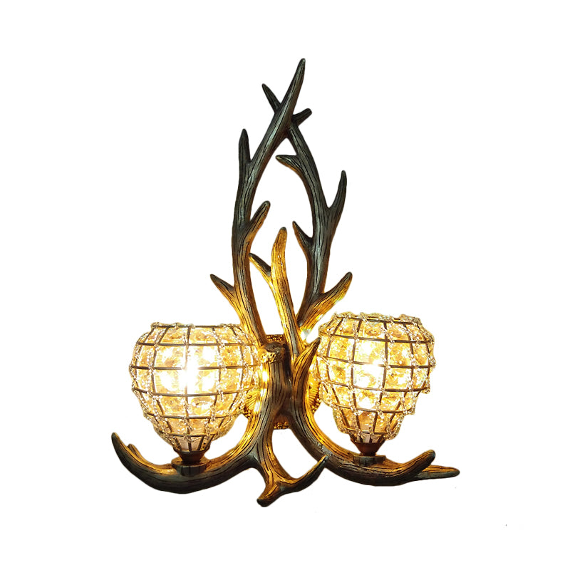 Resin Antler Wall Lighting Country 2-Light Bedroom Sconce Light Fixture in Brown/Gold with Globe Crystal Shade Clearhalo 'Wall Lamps & Sconces' 'Wall Lights' Lighting' 232315