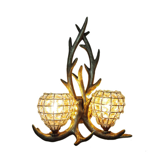 Resin Antler Wall Lighting Country 2-Light Bedroom Sconce Light Fixture in Brown/Gold with Globe Crystal Shade Clearhalo 'Wall Lamps & Sconces' 'Wall Lights' Lighting' 232315