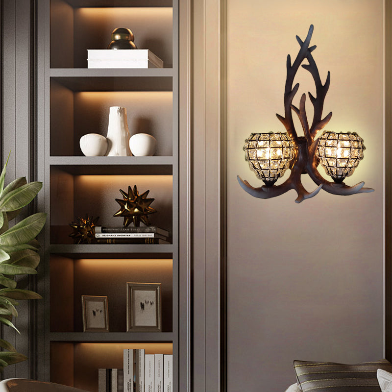 Resin Antler Wall Lighting Country 2-Light Bedroom Sconce Light Fixture in Brown/Gold with Globe Crystal Shade Brown Clearhalo 'Wall Lamps & Sconces' 'Wall Lights' Lighting' 232316