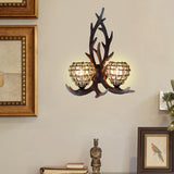 Resin Antler Wall Lighting Country 2-Light Bedroom Sconce Light Fixture in Brown/Gold with Globe Crystal Shade Clearhalo 'Wall Lamps & Sconces' 'Wall Lights' Lighting' 232317