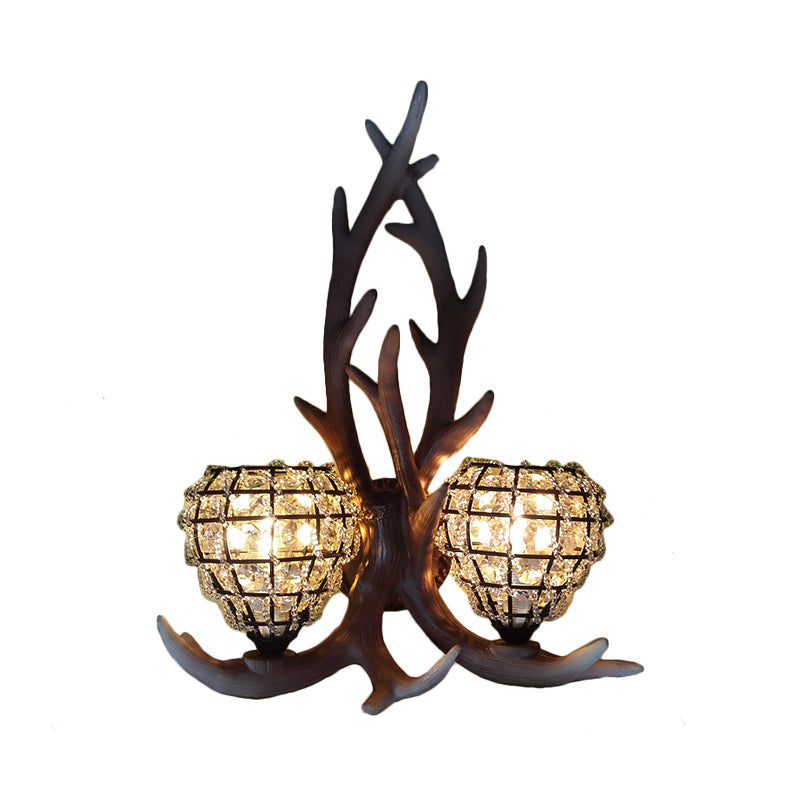 Resin Antler Wall Lighting Country 2-Light Bedroom Sconce Light Fixture in Brown/Gold with Globe Crystal Shade Clearhalo 'Wall Lamps & Sconces' 'Wall Lights' Lighting' 232318