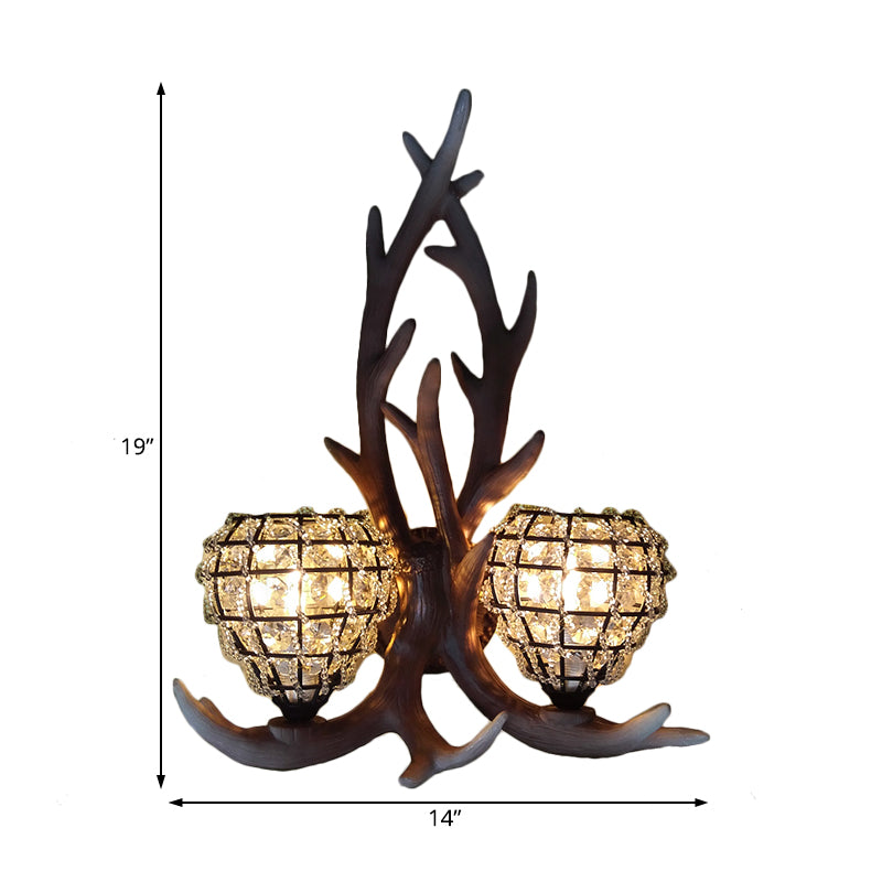 Resin Antler Wall Lighting Country 2-Light Bedroom Sconce Light Fixture in Brown/Gold with Globe Crystal Shade Clearhalo 'Wall Lamps & Sconces' 'Wall Lights' Lighting' 232319