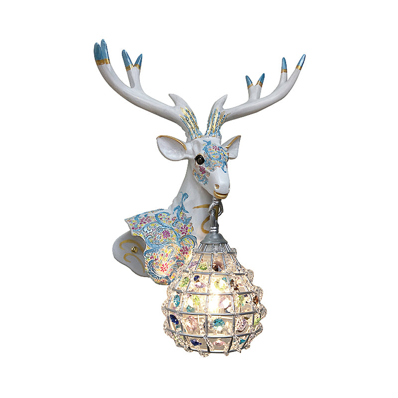 Traditional Deer Sconce 1 Light Resin Wall Mount Lighting in Black/Pink/Yellow for Bedroom with Droplet Crystal Shade, Right/Left Clearhalo 'Wall Lamps & Sconces' 'Wall Lights' Lighting' 232322