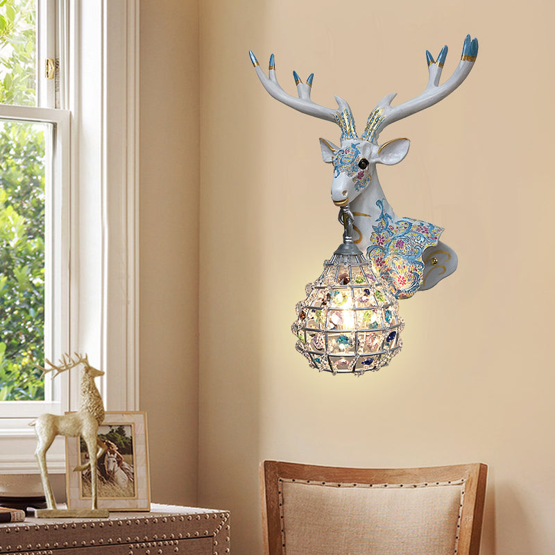 Traditional Deer Sconce 1 Light Resin Wall Mount Lighting in Black/Pink/Yellow for Bedroom with Droplet Crystal Shade, Right/Left White Right Clearhalo 'Wall Lamps & Sconces' 'Wall Lights' Lighting' 232323