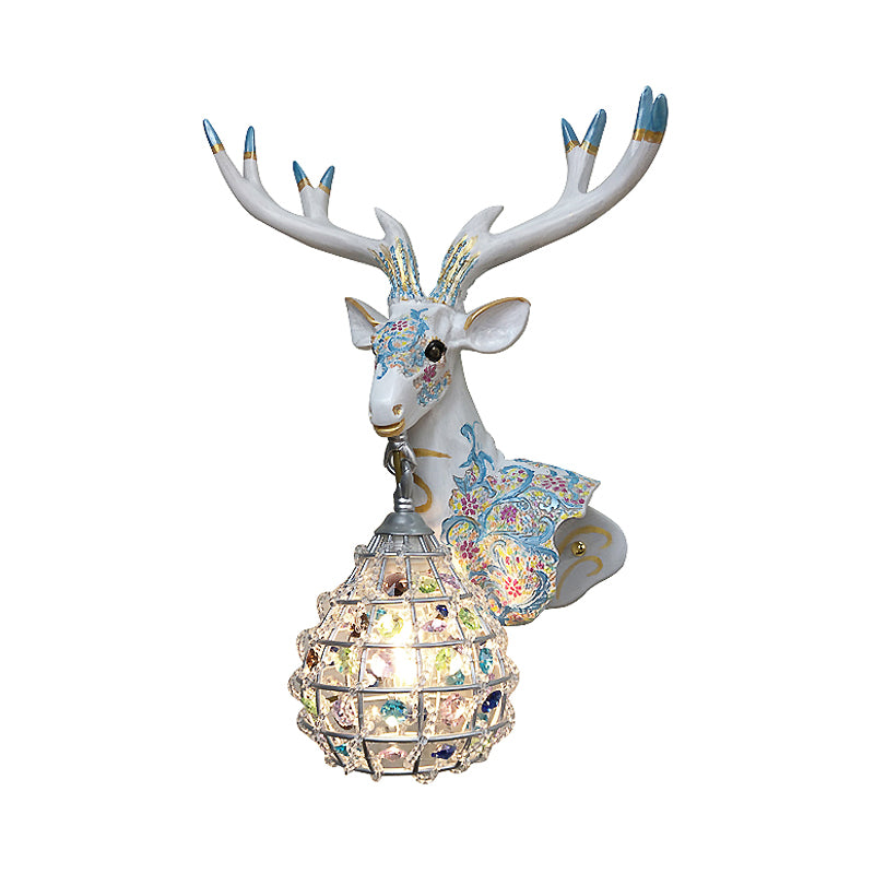 Traditional Deer Sconce 1 Light Resin Wall Mount Lighting in Black/Pink/Yellow for Bedroom with Droplet Crystal Shade, Right/Left Clearhalo 'Wall Lamps & Sconces' 'Wall Lights' Lighting' 232325
