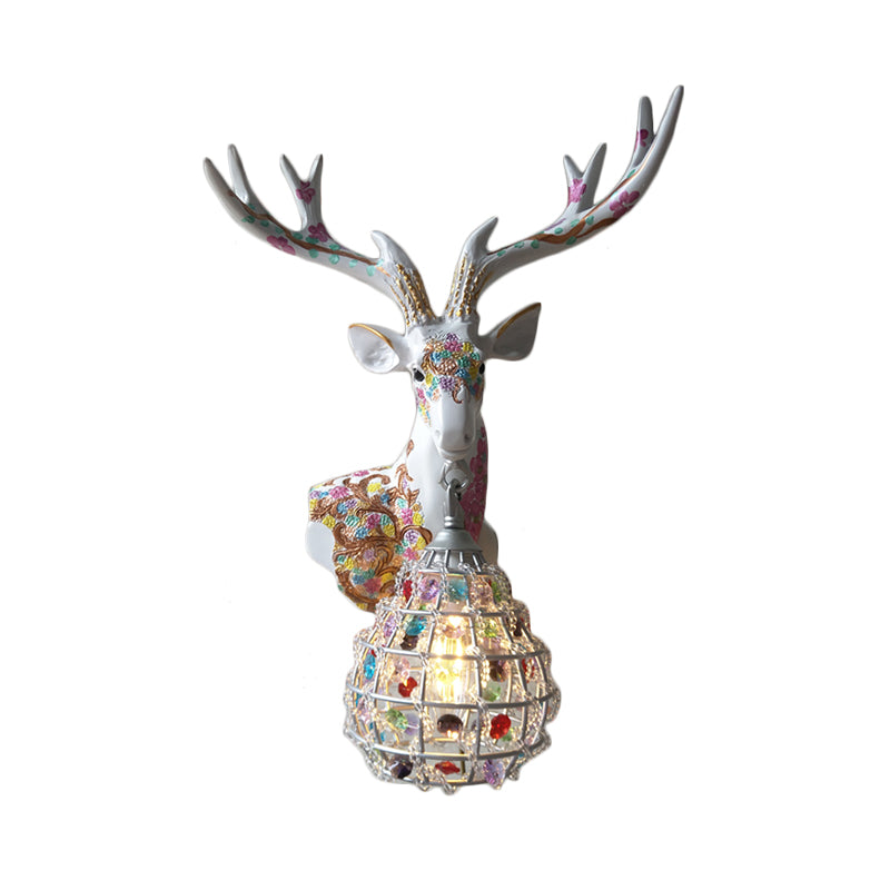 Traditional Deer Sconce 1 Light Resin Wall Mount Lighting in Black/Pink/Yellow for Bedroom with Droplet Crystal Shade, Right/Left Clearhalo 'Wall Lamps & Sconces' 'Wall Lights' Lighting' 232329