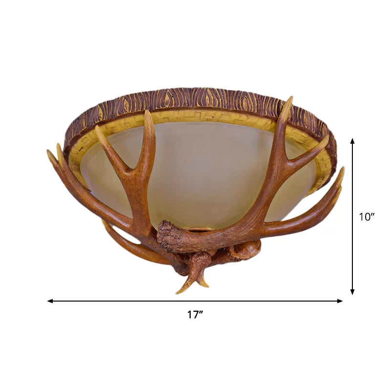 3 Lights Dome Flush Mount Farmhouse Brown Frosted Glass Ceiling Light Fixture with Antler Deco Clearhalo 'Ceiling Lights' 'Close To Ceiling Lights' 'Close to ceiling' 'Flush mount' Lighting' 2323316