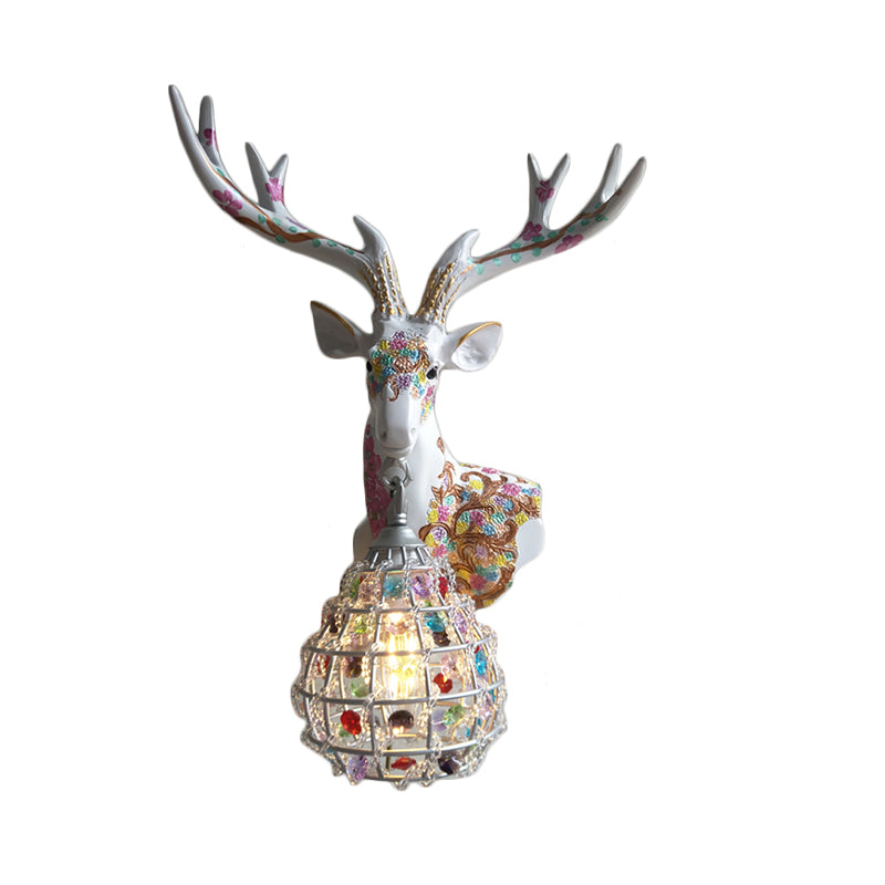 Traditional Deer Sconce 1 Light Resin Wall Mount Lighting in Black/Pink/Yellow for Bedroom with Droplet Crystal Shade, Right/Left Clearhalo 'Wall Lamps & Sconces' 'Wall Lights' Lighting' 232332
