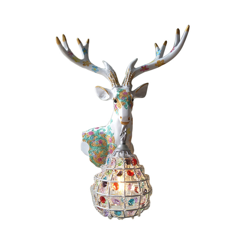 Traditional Deer Sconce 1 Light Resin Wall Mount Lighting in Black/Pink/Yellow for Bedroom with Droplet Crystal Shade, Right/Left Clearhalo 'Wall Lamps & Sconces' 'Wall Lights' Lighting' 232335