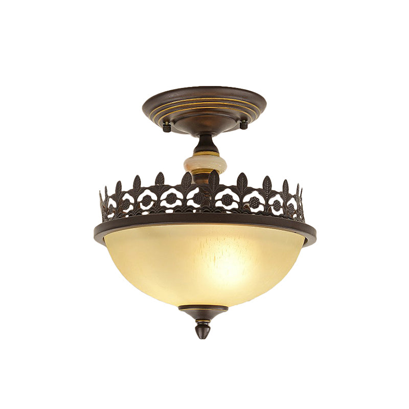 Vintage Bowl Ceiling Flush Light Frosted Glass Semi Flush Mount Lighting with Filigree Frame in Brown Clearhalo 'Ceiling Lights' 'Close To Ceiling Lights' 'Close to ceiling' 'Semi-flushmount' Lighting' 2323356