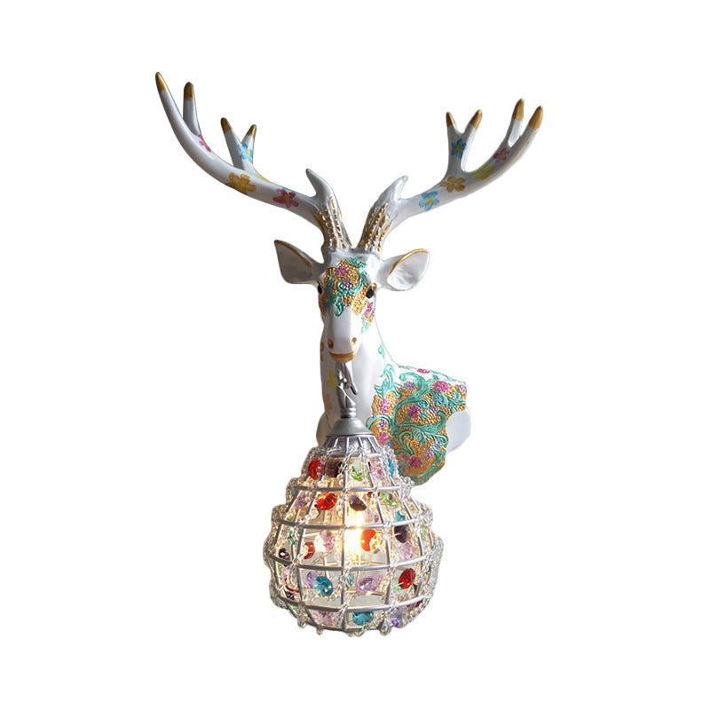 Traditional Deer Sconce 1 Light Resin Wall Mount Lighting in Black/Pink/Yellow for Bedroom with Droplet Crystal Shade, Right/Left Clearhalo 'Wall Lamps & Sconces' 'Wall Lights' Lighting' 232338