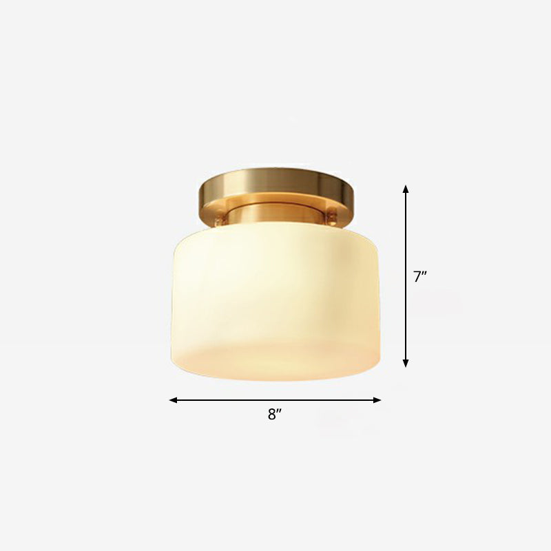 Minimalist Cylindrical Semi Flush Mount Lamp 1 Head Cream Glass Ceiling Light in Brass for Foyer Clearhalo 'Ceiling Lights' 'Close To Ceiling Lights' 'Close to ceiling' 'Semi-flushmount' Lighting' 2323385