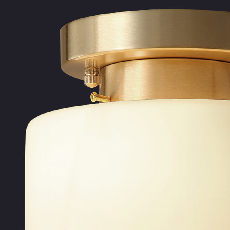 Minimalist Cylindrical Semi Flush Mount Lamp 1 Head Cream Glass Ceiling Light in Brass for Foyer Clearhalo 'Ceiling Lights' 'Close To Ceiling Lights' 'Close to ceiling' 'Semi-flushmount' Lighting' 2323386