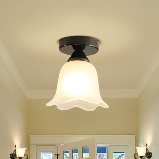 Single Frosted White Glass Ceiling Lamp Rustic Black Flower Corridor Semi Flush Light Black Clearhalo 'Ceiling Lights' 'Close To Ceiling Lights' 'Close to ceiling' 'Semi-flushmount' Lighting' 2323387