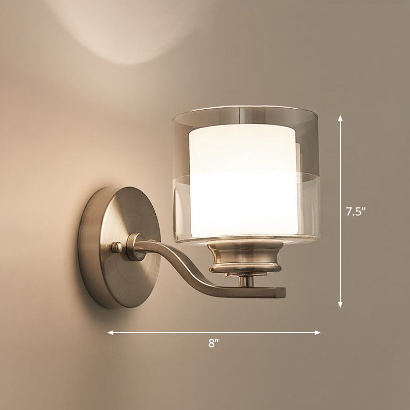 Dual Glass White Wall Sconce Cylindrical 1 Head Minimalistic Wall Mount Lamp for Bedroom Clearhalo 'Wall Lamps & Sconces' 'Wall Lights' Lighting' 2323413