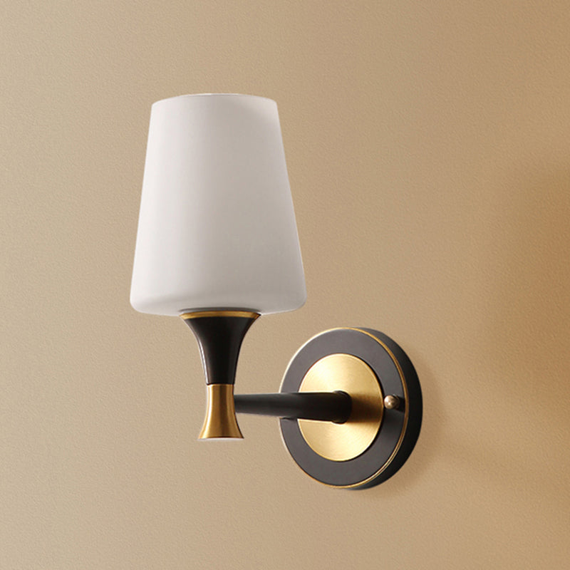 Conical White Glass Wall Lighting Minimalist 1 Bulb Bedside Sconce Fixture in Black and Brass Clearhalo 'Wall Lamps & Sconces' 'Wall Lights' Lighting' 2323417