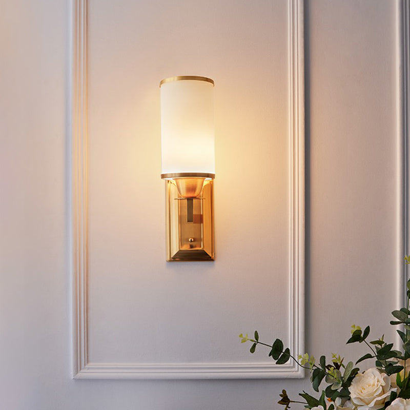 1-Light White Glass Wall Sconce Traditional Brass Cylindrical Dining Room Wall Mount Light Brass Clearhalo 'Wall Lamps & Sconces' 'Wall Lights' Lighting' 2323419