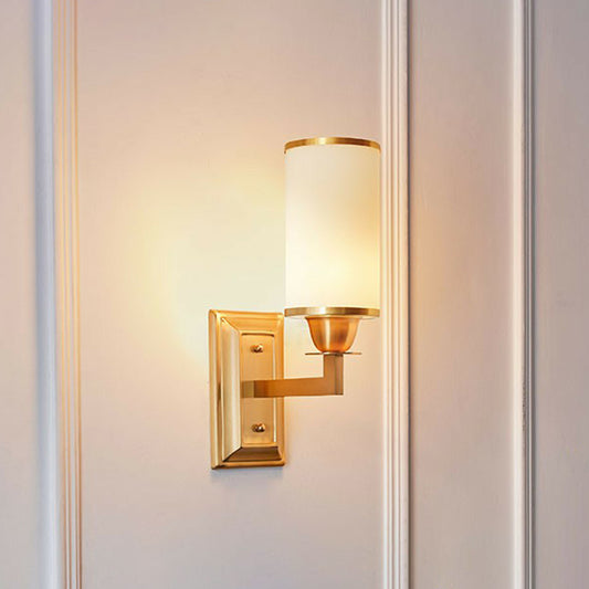 1-Light White Glass Wall Sconce Traditional Brass Cylindrical Dining Room Wall Mount Light Clearhalo 'Wall Lamps & Sconces' 'Wall Lights' Lighting' 2323420