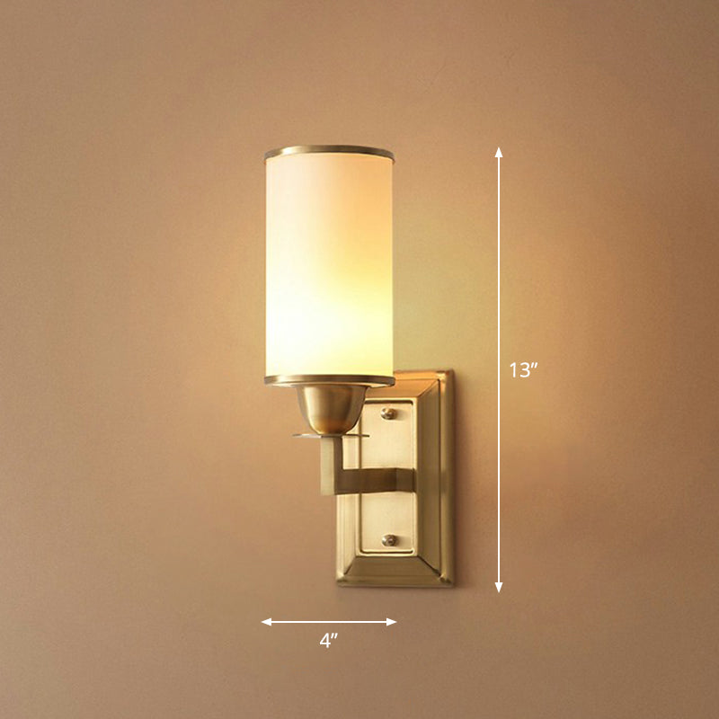 1-Light White Glass Wall Sconce Traditional Brass Cylindrical Dining Room Wall Mount Light Clearhalo 'Wall Lamps & Sconces' 'Wall Lights' Lighting' 2323422