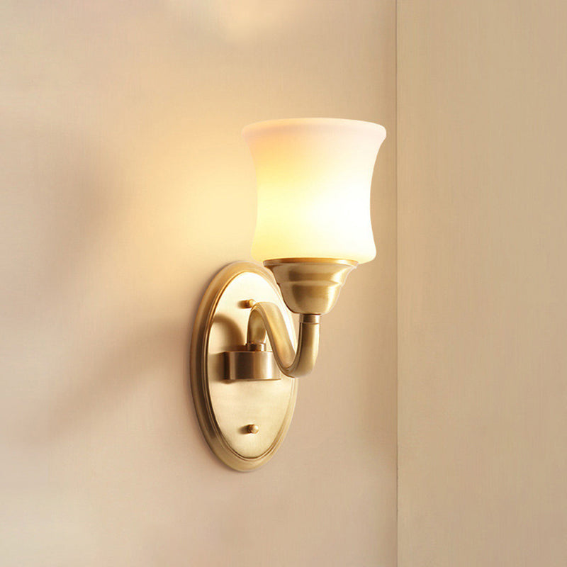 Single-Bulb Sconce Light Antique Stairs Wall Lamp Fixture with Curved Cream Glass Shade in Brass Clearhalo 'Wall Lamps & Sconces' 'Wall Lights' Lighting' 2323425