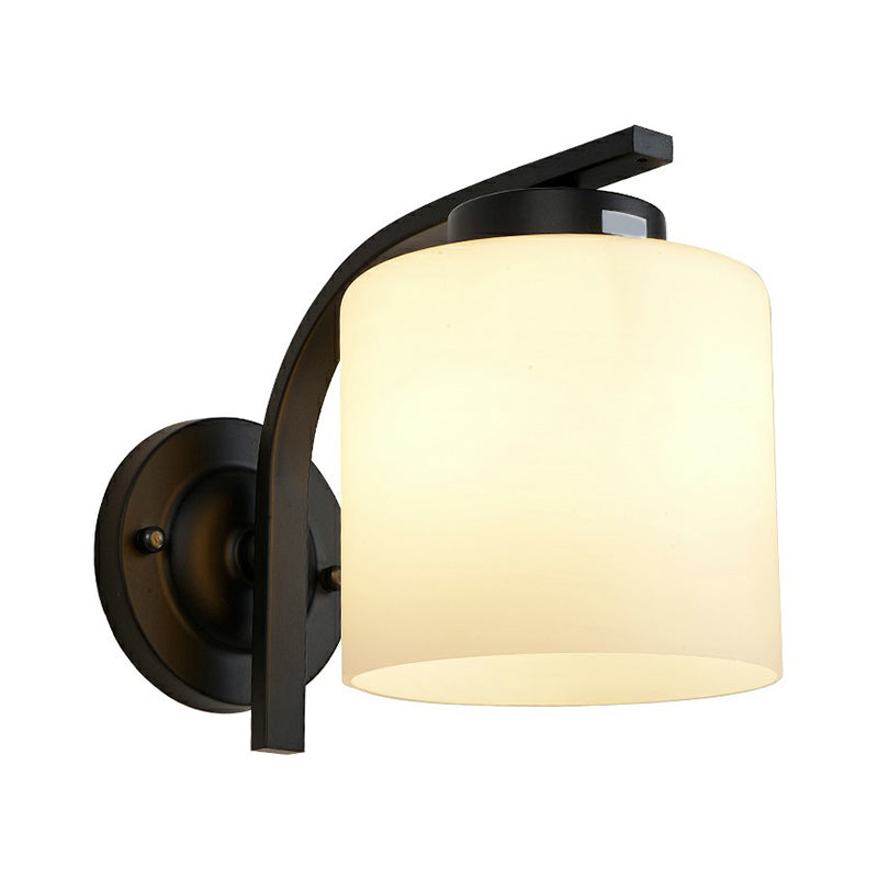 White Glass Cylinder Wall Light Simplicity 1 Head Living Room Sconce Lamp in Black Clearhalo 'Wall Lamps & Sconces' 'Wall Lights' Lighting' 2323433