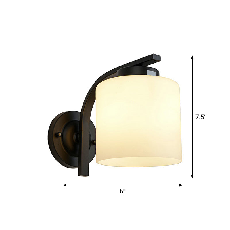 White Glass Cylinder Wall Light Simplicity 1 Head Living Room Sconce Lamp in Black Clearhalo 'Wall Lamps & Sconces' 'Wall Lights' Lighting' 2323434