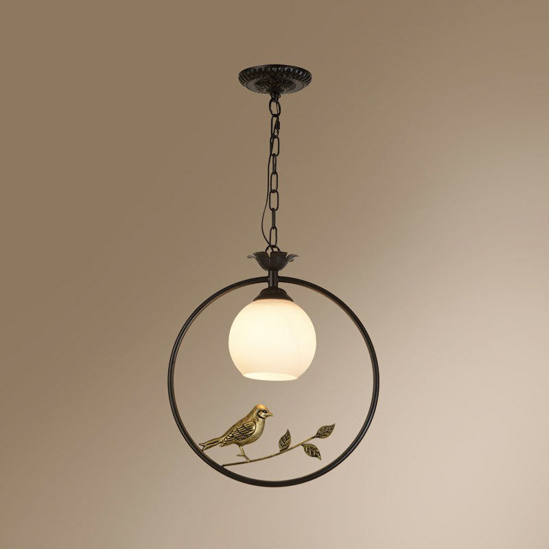 Country Bird and Ring Pendant Light Single Metal Hanging Lamp with Dome Milk Glass Shade Black Clearhalo 'Ceiling Lights' 'Pendant Lights' 'Pendants' Lighting' 2323455_fb819c6a-1c56-4a0b-aff9-93d78c6ecd40